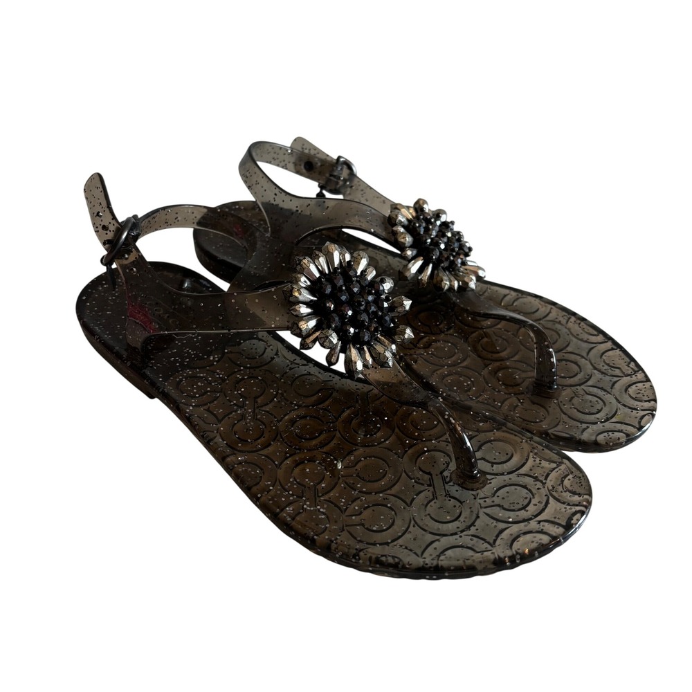 Coach Hilda Jelly Sandals Black Glitter Crystal Embellished Thong Womens 9B